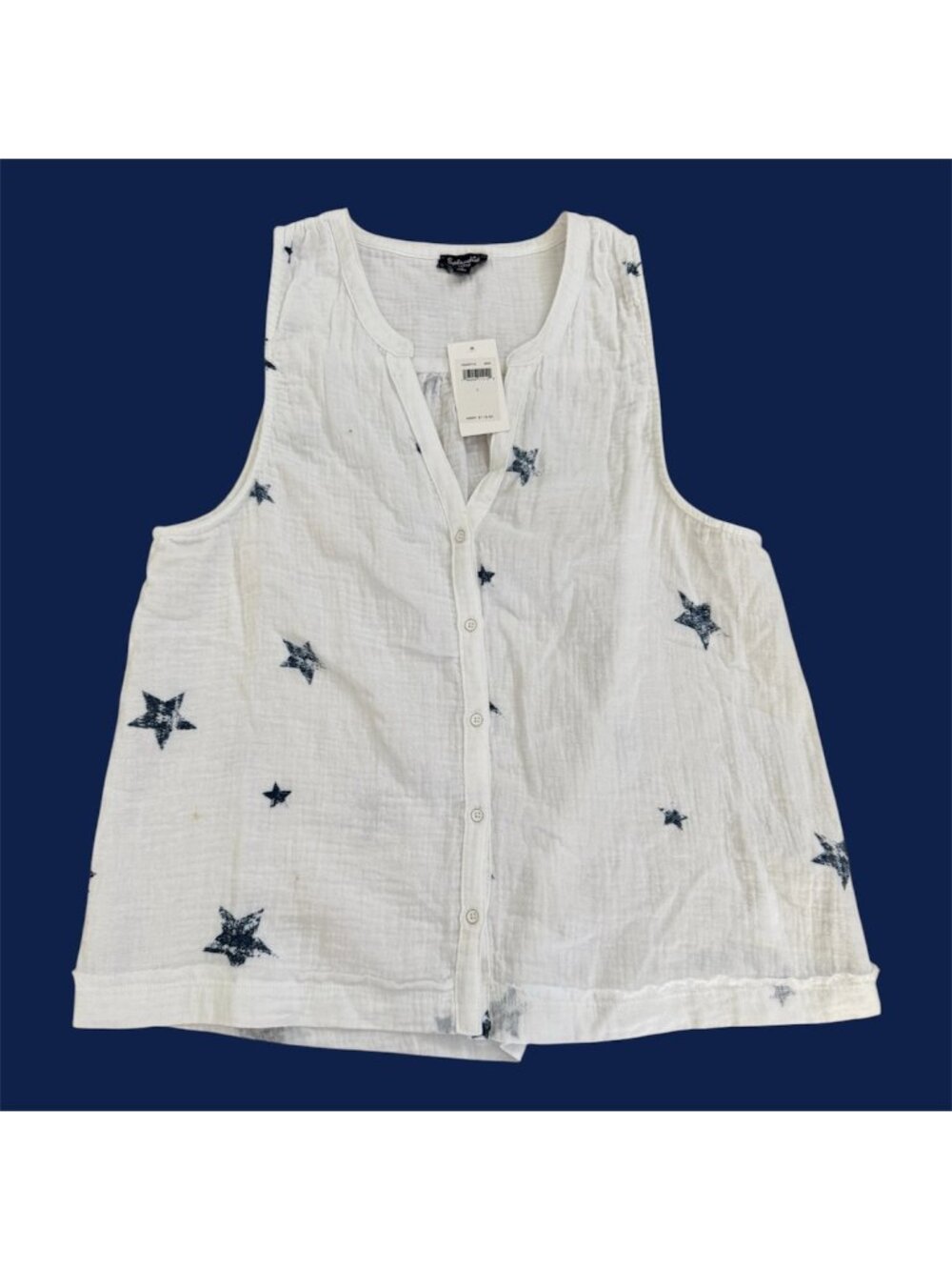 Splendid 100% Cotton Sleeveless Large White Blue Stars Button V neck Shirt Gauze